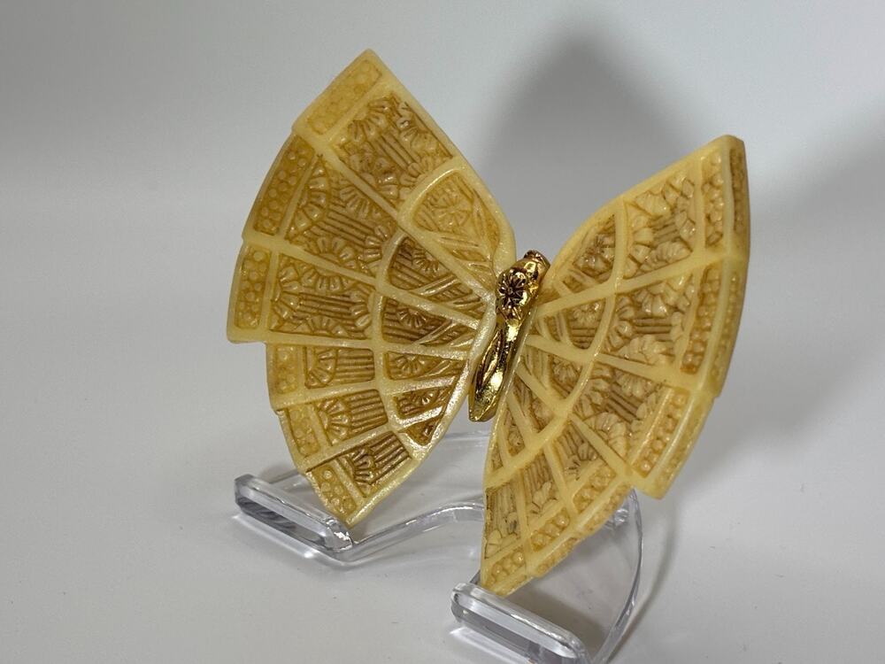 Rare House of Faberge Butterfly Seven Style Ivory Carved Fan Gold w Stand
